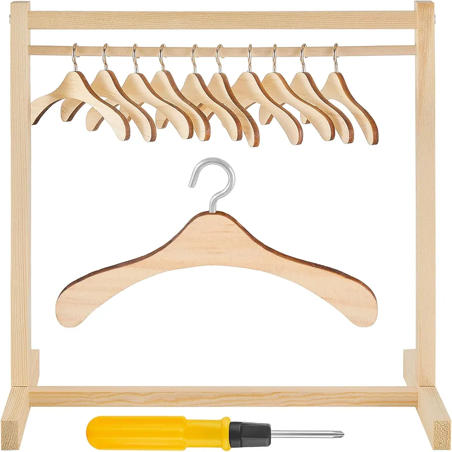 22 Pcs Doll Garment Rack with Wooden Dolls Clothes Hanger 11.8 Inches Doll Closet Mini Doll Clothes Hangers Doll Wardrobe Furniture Accessories for Dollhouse Supplies