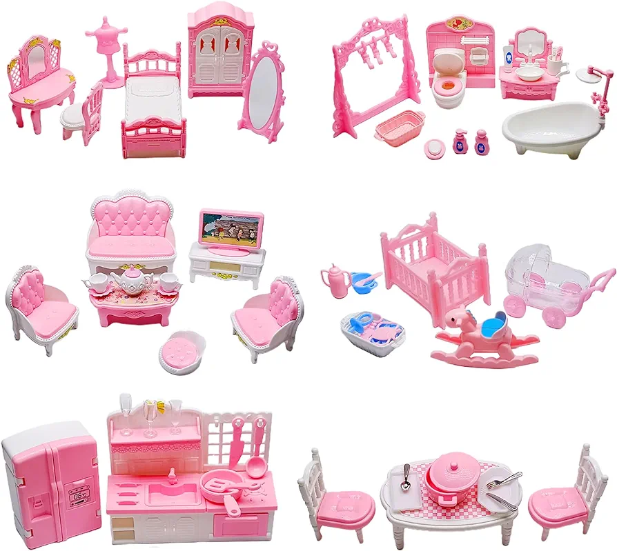 75 Pcs Dollhouse Furniture Set Accessories,Small Dollhouse Miniature Pretend Play Family Toys Gift,Toddler Boy Girl Kid 3Y+ Mini Bedroom/Livingroom/Bathroom/Kitchen/Infant Room Kit