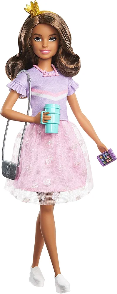 Barbie Princess Adventure Teresa Doll (11.5-inch Brunette) in Fashion and Accessories, with Smart Phone, Purse, Travel Mug and Tiara, Gift for 3 to 7 Year Olds