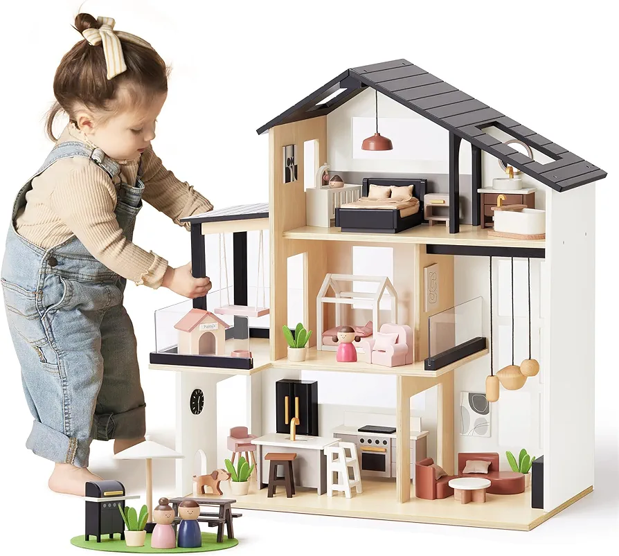 Tiny Land Doll House, Modern Family Dollhouse with Realistic Design, Wooden Dollhouse with 53Pcs Furniture - Ideal Gift for Kids Ages 3+