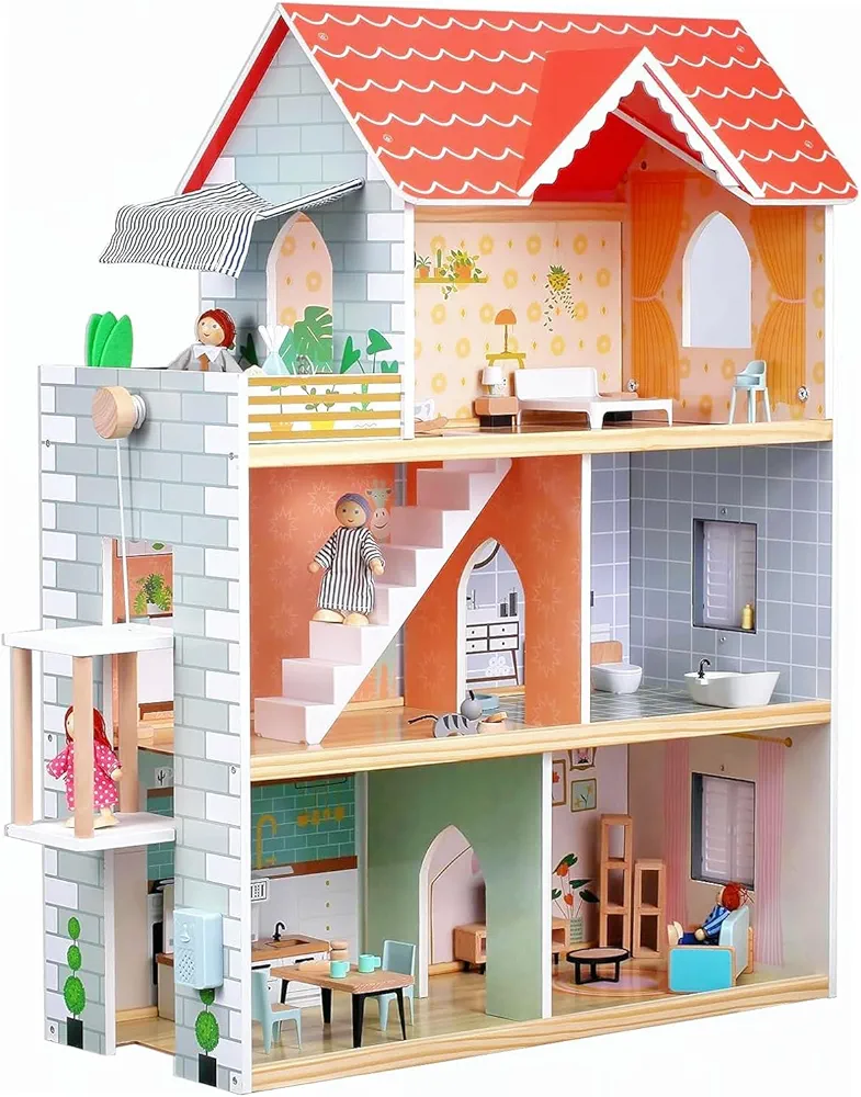 Giant bean Red Roof Wooden Dollhouse and Furniture Set for Girls, 2.6 feet High with Elevator, Doorbell, Light,19 PCS Furniture Set,Gream House Playset Toy Gift for Girls Ages 3-7+