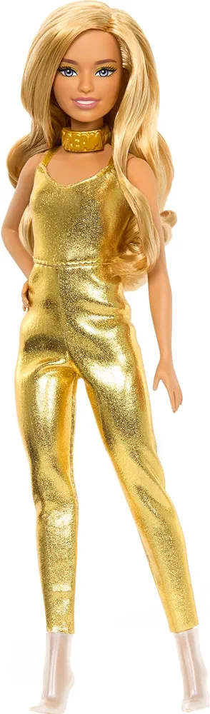 Barbie Fashionistas Doll #222, Petite Body Type with Blonde Wavy Hair, Golden Jumpsuit & Accessories, 65th Anniversary Collectible Fashion Doll