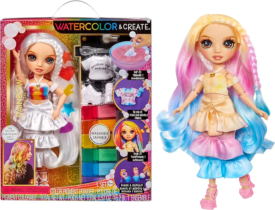 Rainbow High Watercolor & Create Fashion DIY Doll with Washable Watercolors + Tie-Dye Kit, Brown Eyes, Curled Hair, Bonus Top & Shoes. Color, Create, Play, Rinse and Repeat. Creative 4-12+