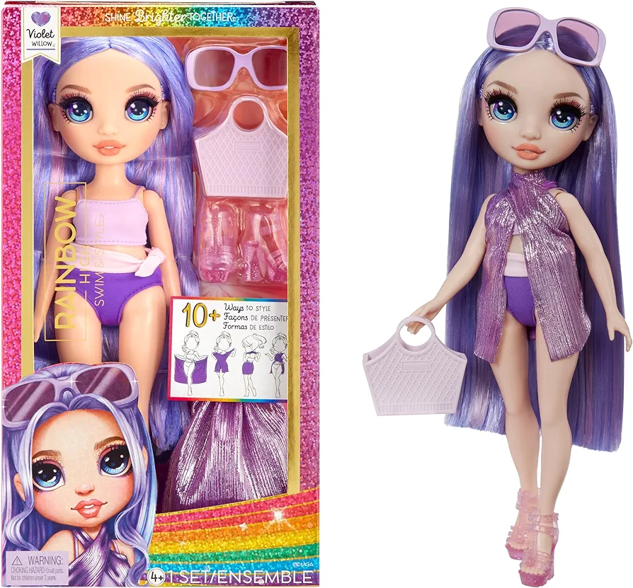 Rainbow High Swim & Style Violet, Purple 11" Fashion Doll with Shimmery Wrap to Style 10+ Ways, Removable Swimsuit, Sandals, Fun Play Accessories, Great Toy Gift for Girls Kids Ages 4-12 Years