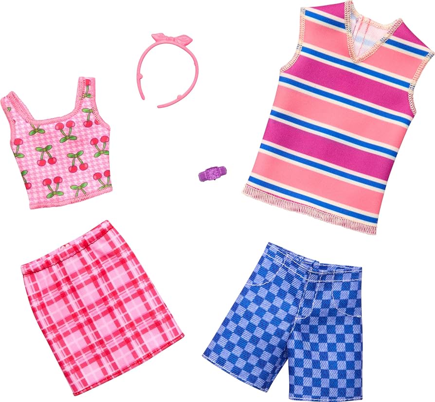 Barbie Clothes Set, Fashion & Accessory Pack for Barbie & Ken Dolls with 2 Complete Looks, Cherry-Inspired Theme