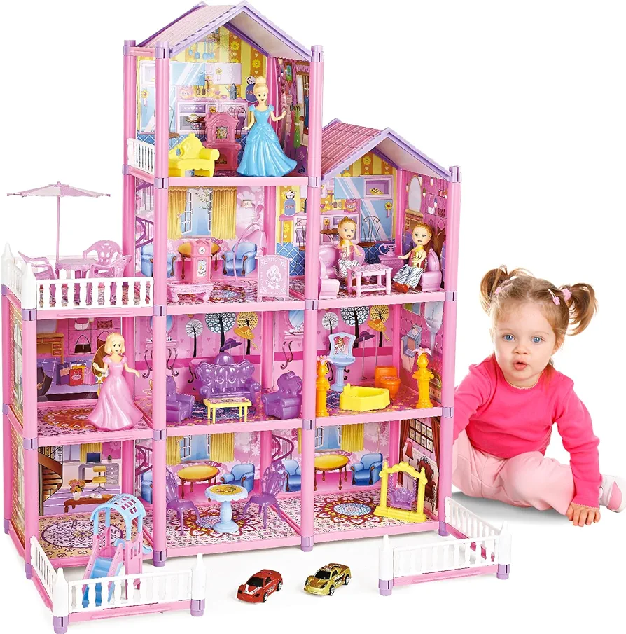 deAO Princess Dream Doll House,4-Story 10 Rooms Kids Play Dollhouse Playset with 2 Dolls Furniture & Accessories,Princess Castle Dollhouse Toy for 3 4 5 6 7 8+ Kids Girls Toys