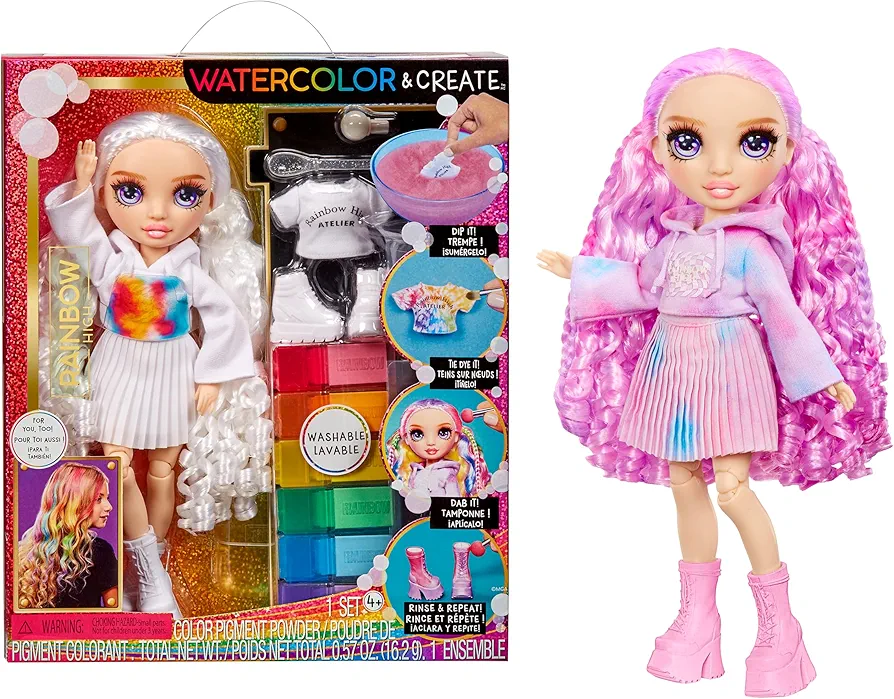 Rainbow High Watercolor & Create Fashion DIY Doll with Washable Watercolors + Tie-Dye Kit, Purple Eyes, Curled Hair, Bonus Top & Shoes. Color, Create, Play, Rinse and Repeat. Creative 4-12+