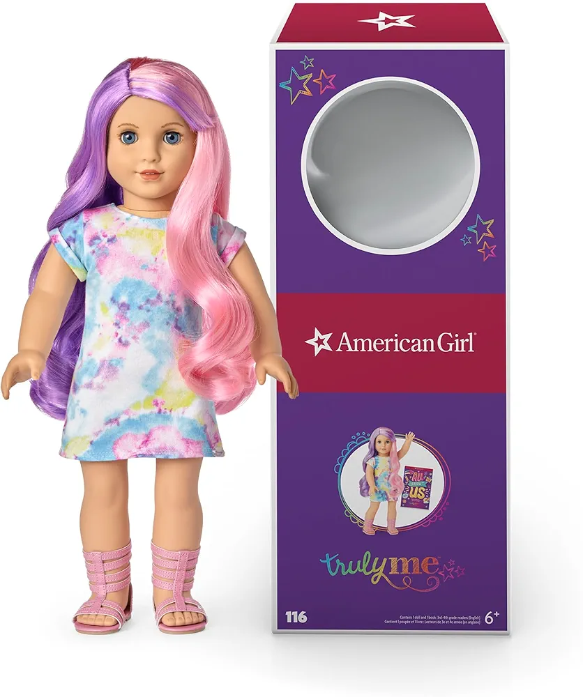 American Girl Truly Me 18-inch Doll #116 with Blue Eyes, Purple-and-Pink Hair, Light Skin, Tie Dye T-shirt Dress, For Ages 6+