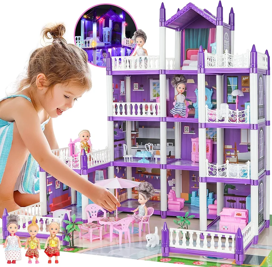 4 Stories Dollhouse for Girls, DIY Doll House Accessories Playhouse with Furniture and 11 Rooms, Pretend Play Dreamhouse with Lights for Kids, Portable Building Dolls Playset Toys Kit Gift for Ages 6+