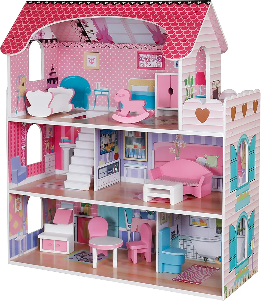 PIDOKO KIDS Wooden Dollhouse - includes 12 Pcs Furniture Accessories - Wood Doll House for 3 4-5 Year Old Girls