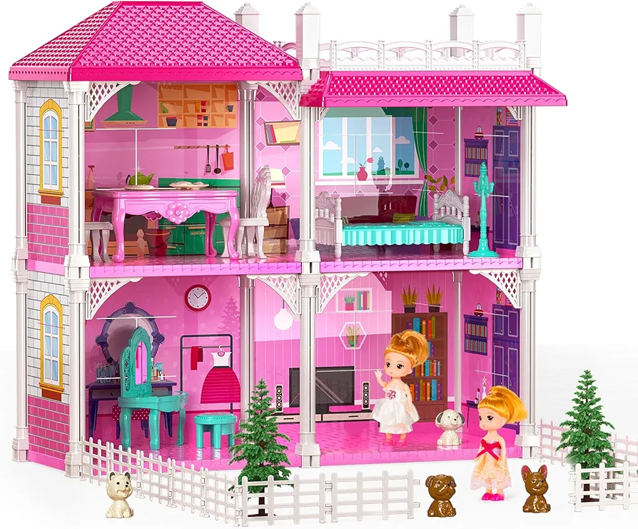 TEMI Luxury Doll Home Toy Girls Toys - 2-Story 4 Rooms with 2 Dolls Toy Figures, Fully Furnished Fashion Doll Room Toy, Pretend Building Toy with Accessories, Gift Toy for Kids Ages 3 4 5 6 7 8+