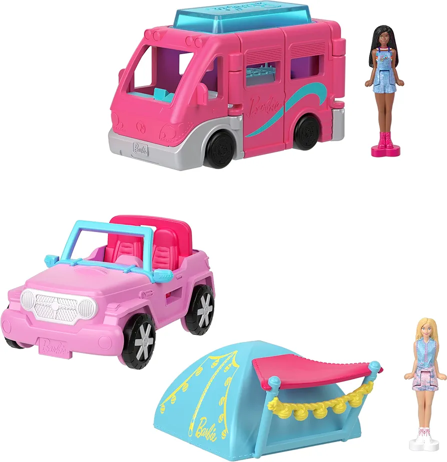 Bundle of Barbie Mini BarbieLand Doll & Toy Vehicle Sets, 1.5-inch Doll & Toy Vehicle with Color-Change Surprise + Mini BarbieLand 1.5-inch Doll & DreamCamper with Working Doors & Color-Change Pool