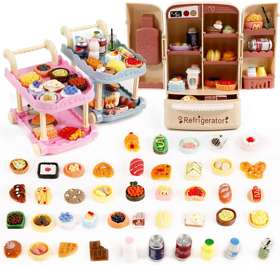 103pcs Miniature Food with Storage Box Mini Dining car Mini Food Fridge Toys Doll House Store Cosplay Game Dollhouse Grocery Fruit Cake Bread Party Trolley Model Mini toys