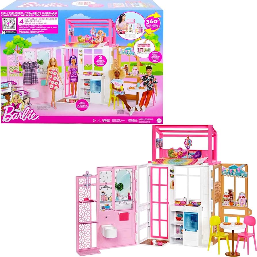 Barbie Doll House with Furniture & Accessories Including Pet Puppy, 4 Play Areas (Kitchen, Loft Bed, Bathroom & Dining Room)