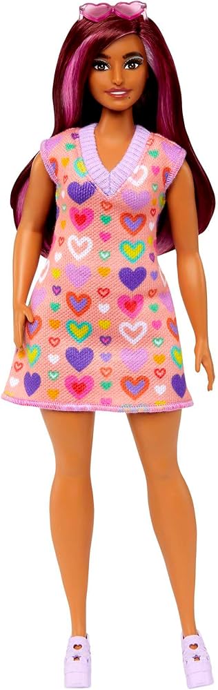 Barbie Fashionistas Doll #207 with Pink Hair Streaks Wearing Removable Heart-Print Sweater Dress, Sunglasses & Platform Shoes