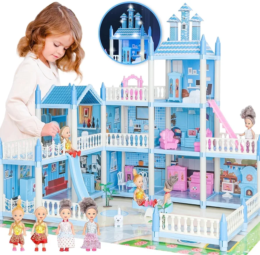 Big Doll House for Kids Ages 3 4 5 6 7 8, 3-Story 9 Rooms Princess Dream House Toys with 3 Doll & Doll Furnitures, DIY Dollhouse with Light Strip