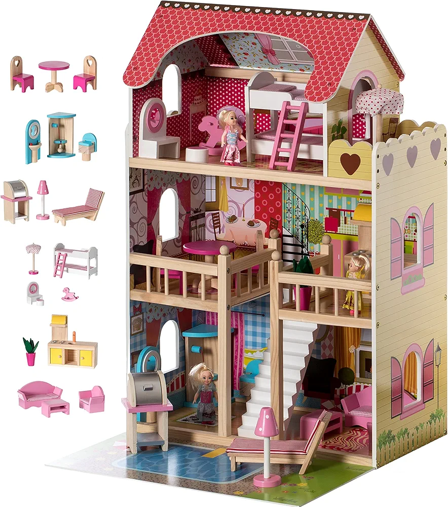 Gardenised Wooden Doll House with Toys and Furniture Accessories with LED Light for Ages 3+