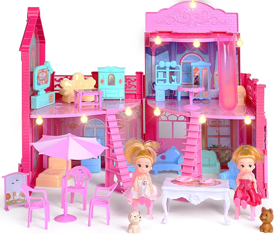 CUTE STONE Doll House, Foldable Dollhouse Playset with Lights, Mini House with 4 Rooms, 2 Dolls, Toy Furniture Accessories, Slide, Portable Pretend Play Toy House for Little Girls