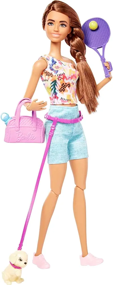 Barbie Self-Care Doll, Brunette Posable Workout Doll with Puppy & Accessories Including Roller Skates & Tennis Rackets