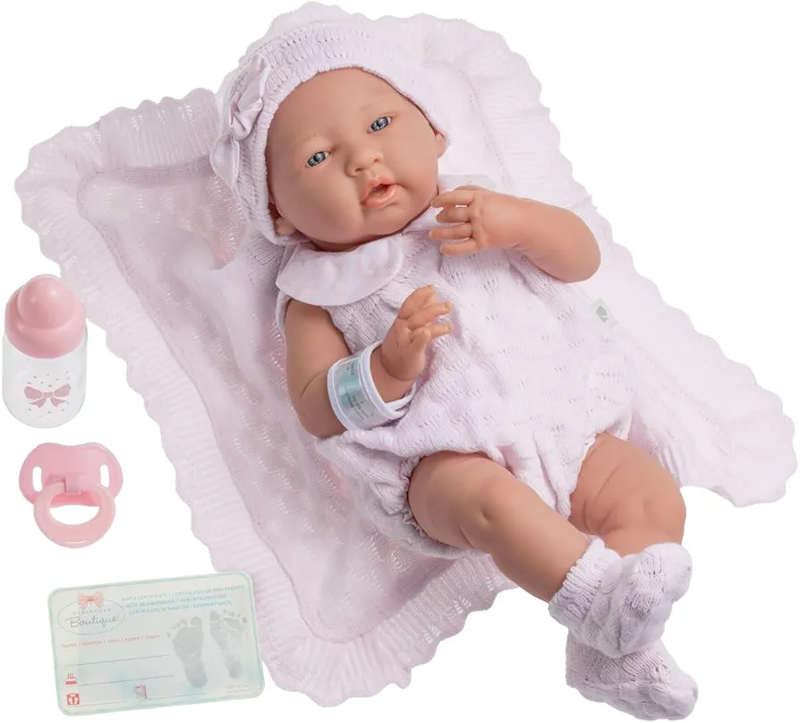 Real Girl Baby Doll 15" | Anatomically Correct | JC Toys - La Newborn | Made in Spain | Pink Knit Outfit & Accessories | Ages 2+