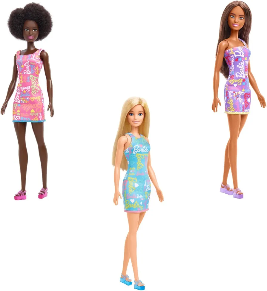 Barbie Fabulous Dolls with Signature on Dress in Blue, Purple, and Pink (Bundle of 3)