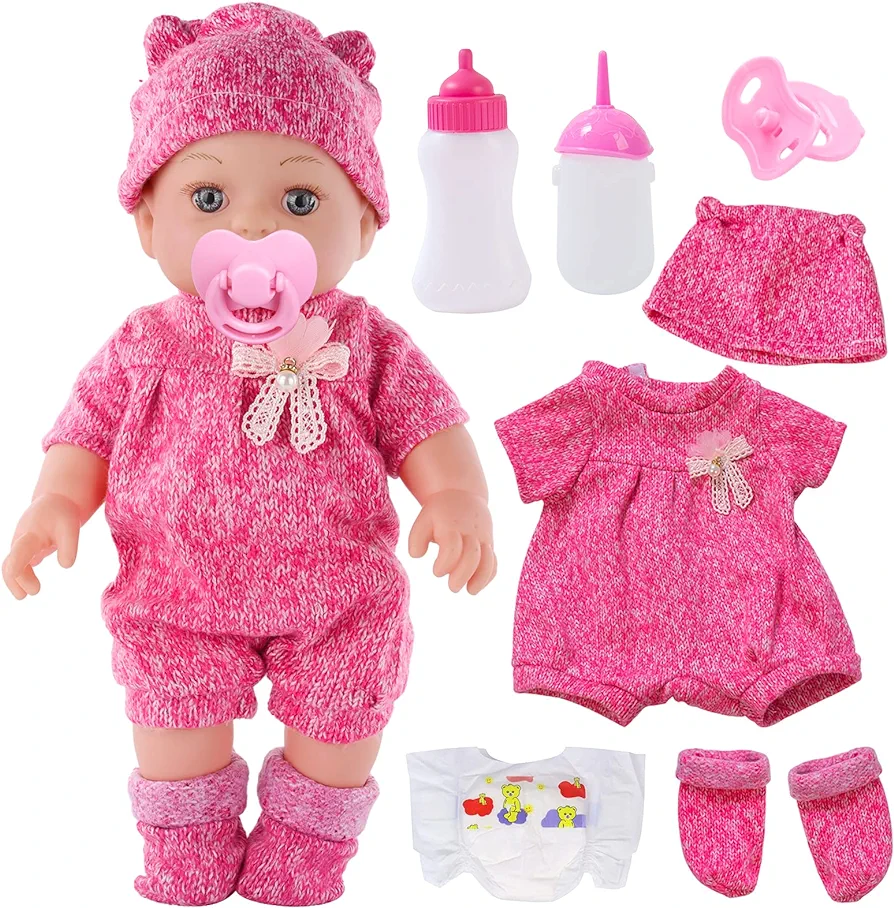 12 Inch Baby Doll with Clothes and Accessories, Reborn Alive Baby Doll Feeding and Caring Set with Baby Bottles Diaper Nipple for Little Girls Pretend Play Set