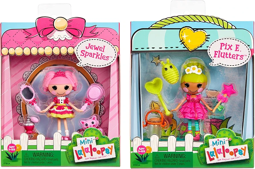 Lalaloopsy Mini TM Doll 2-Pack – Jewel Sparkles + Pix E. Flutters with Mini Pets Persian Cat & Firefly, Two 3” Mini Dolls with Accessories, in Reusable House Package playset, for Ages 3-103