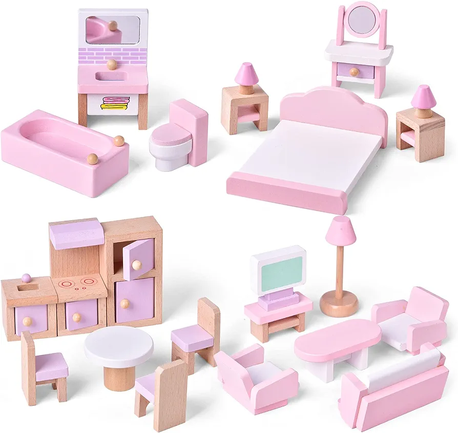 FUN LITTLE TOYS 4 Set Wooden Doll House Furniture, 22 PCs Dollhouse Accessories, Pink Wooden Toys