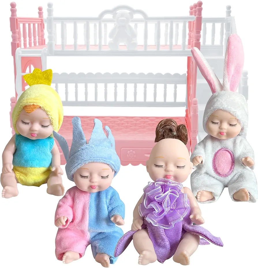 AMETUS 4 Pcs Mini Baby Dolls with Bunk Bed, Dollhouse Bedroom Furniture Set, Little Mini Reborn Babies, Cute Doll for Girls Kids, Birthday Baby Shower Party Gifts, Bunny Chicken Crown Purle