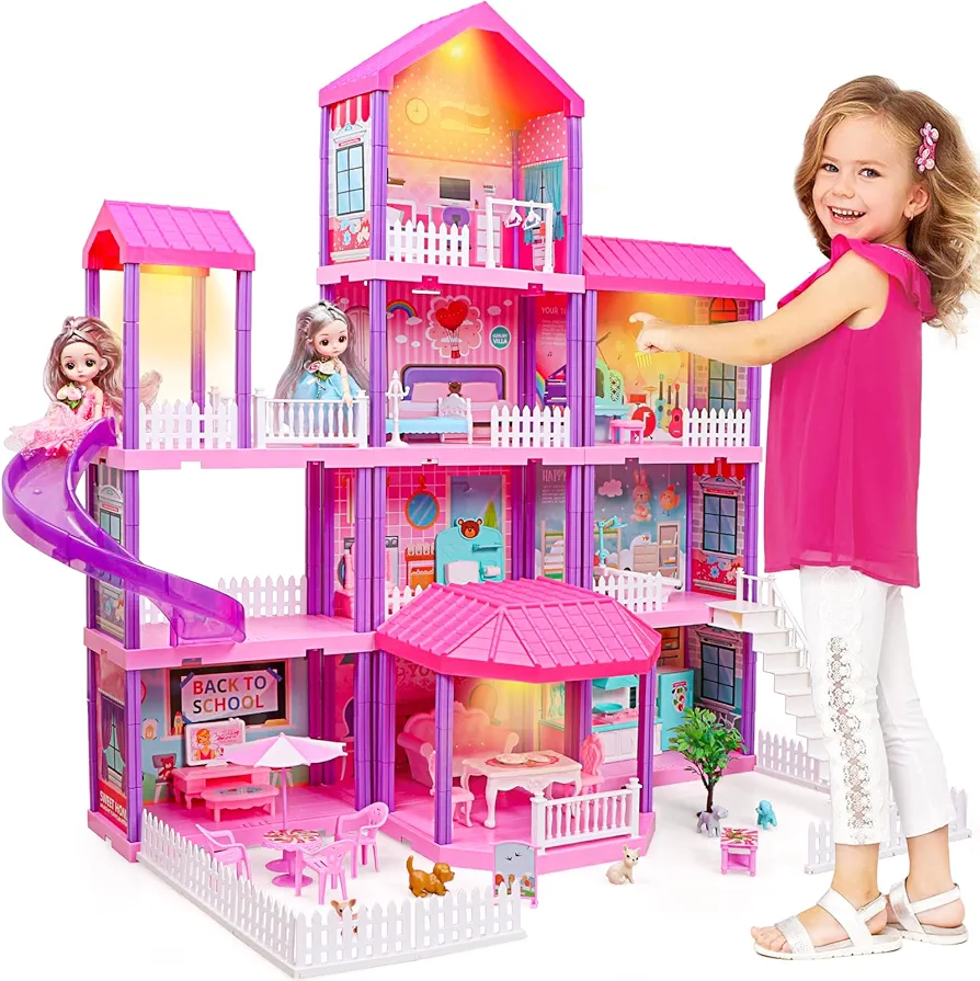 beefunni Doll House, Dream Dollhouse for Girls Toys w/ 4 Stories -11 Rooms, Doll House 4-5 Year Old w/ 2 Dolls & Furniture, Princess Dollhouse 2024 Christmas Toy Gifts for 3 4 5 6 7 8+ Year Old Girls