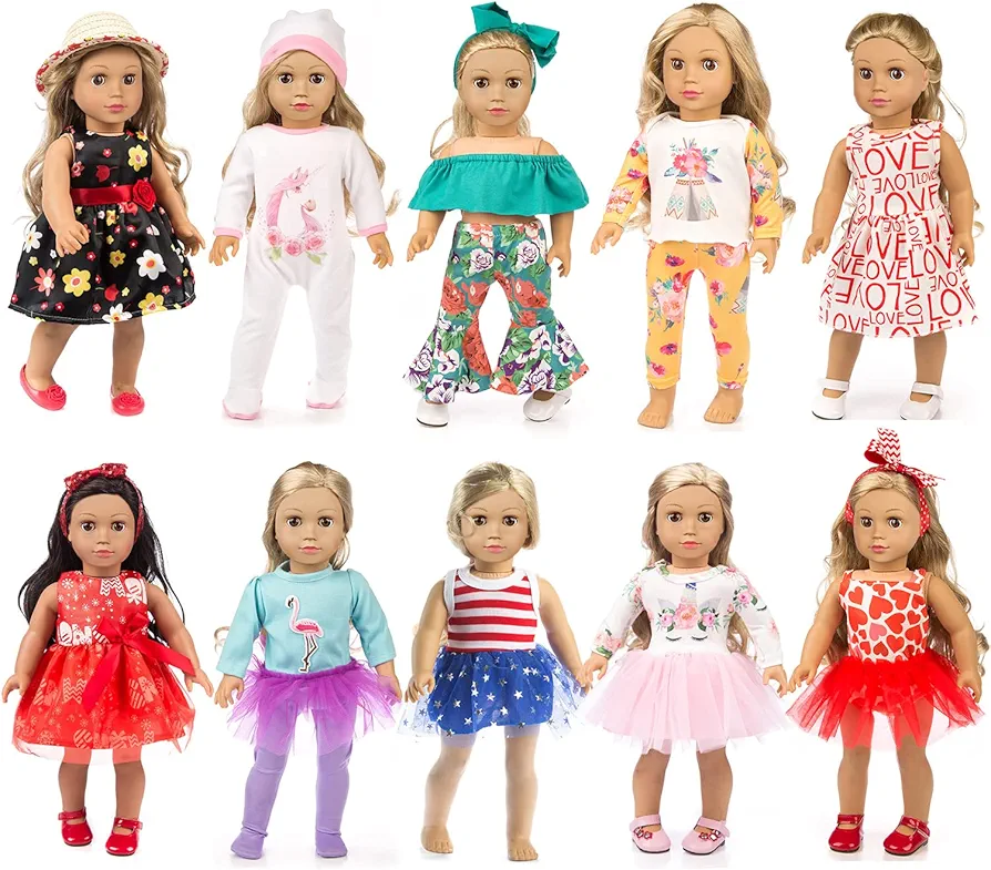 ZQDOLL 19 pcs American Doll Clothes Gift for 18 inch Doll Clothes and Accessories, Including 10 Complete Sets of Clothing