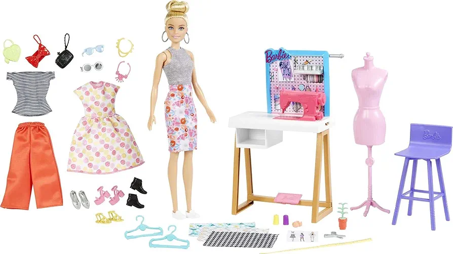 Barbie Fashion Designer Doll & 25+ Accessories, Studio Playset Includes Toy Furniture, Sewing Machine & Mannequin, Blonde Doll