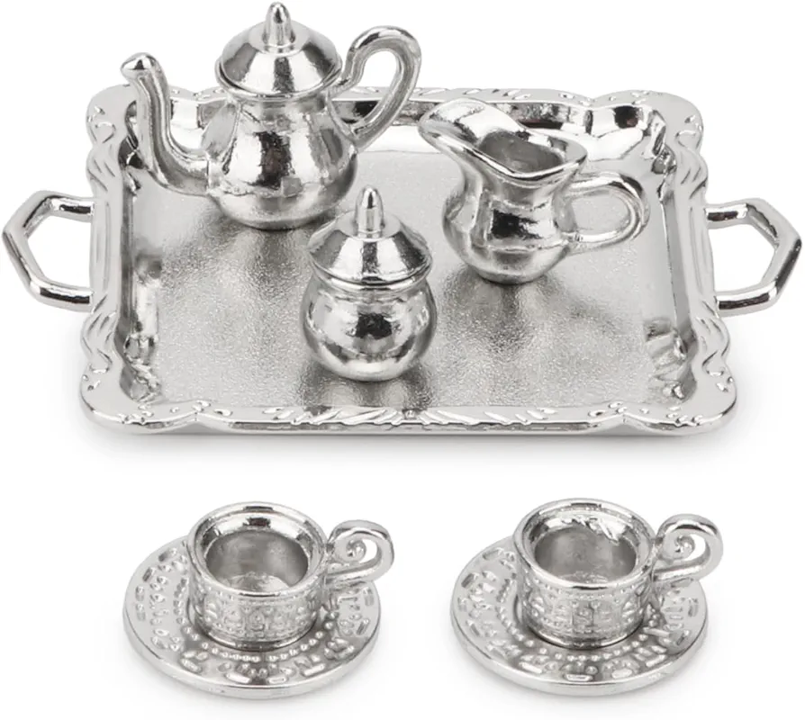 Miniature Tea Set 1/12 Dollhouse Kitchen Decoration 10PCS Metal Tea Pot Teapot Tray Set Mini House Furniture Accessories Teaware Kit Simulation Lifelike (Silver)