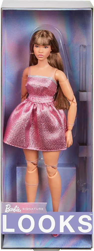 Barbie Looks Doll, Collectible No. 24 with Brown Hair & Modern Y2K Fashion, Shimmery Pink Strapless Dress with Peep-Toe Heels