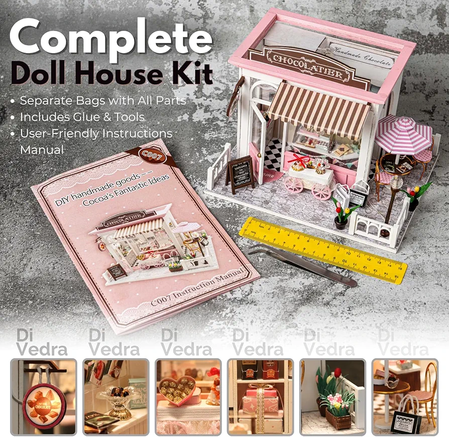 Dollhouse Kit Miniature House Kit – Cute Mini House Model Kits for Kids, Adults – Fun DIY Project House in A Box Miniature Doll House Accessories with Glue, Tools, Manual Included