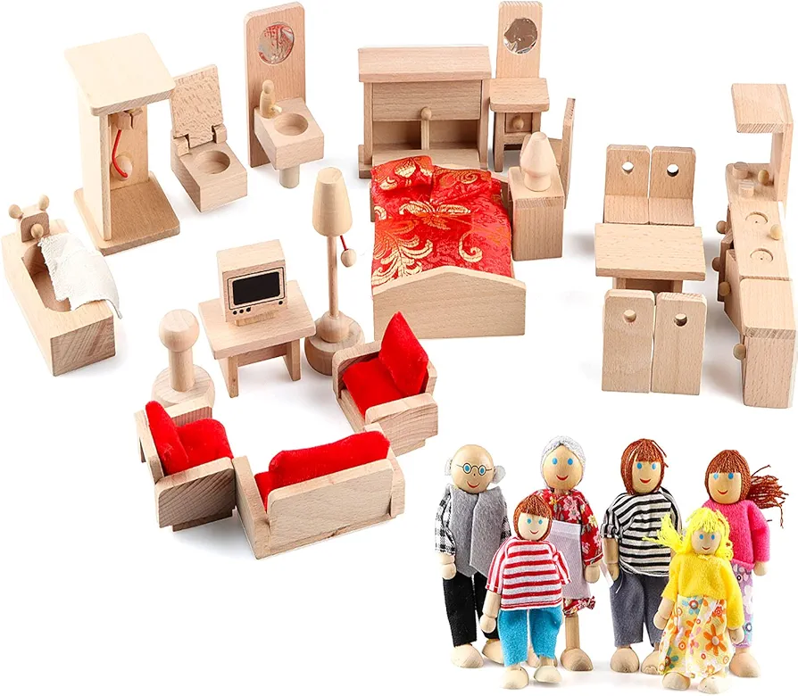 5 Set Dollhouse Furniture Accessories Wooden Bathroom/Living Room/Dining Room/Bedroom/Kitchen House 6 Family Doll Decoration Pretend Play Kids Christmas Birthday Gifts for Girls Toys 40 Pcs