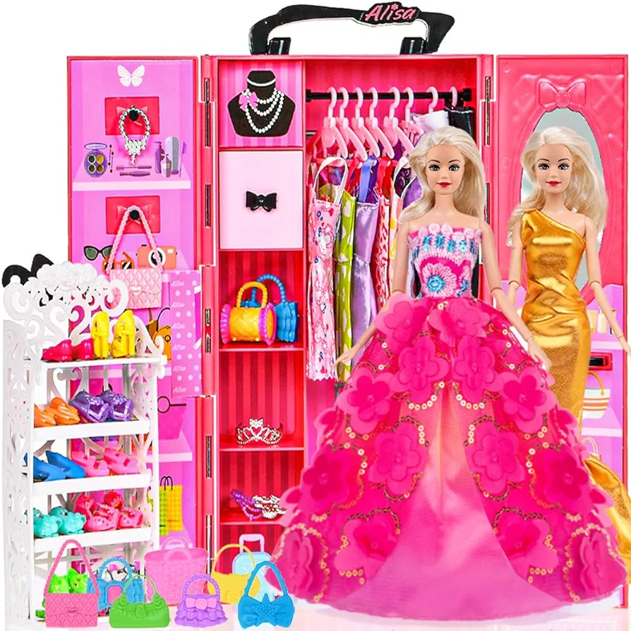 105 Pcs Doll Closet Wardrobe Set Closet Playest Toys Doll Clothes and Accessories for 11.5 Inch Girl Doll Including Wardrobe,Shoes Rack,Dress,Shoes Hangers,Necklace (No Doll)