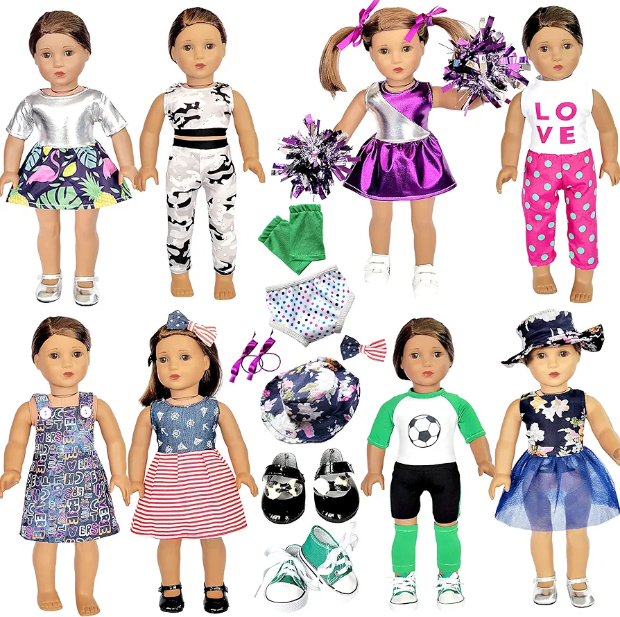 18 Inch American Doll Clothes and Accessories - 18" Doll Clothes Outfits Including 8 Complete Set Toys Doll Dress and 2 Pairs Shoes, 20 Pcs/Set Doll Accessories with Cap, Underwear, Hair Clip