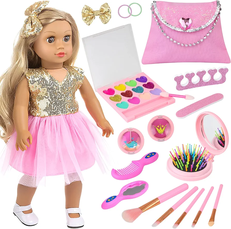 Ecore Fun 19 Pcs American 18 Inch Doll Clothes and Accessories Make Up Sets includes Doll Dress Cosmetic Bag and Makeup Stuff for 18 Inch Doll Gneration Dolls（No Doll）