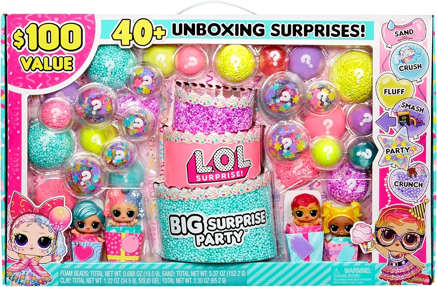 LOL Surprise Big Surprise Party with 4 Collectible Dolls, 40+ Surprises, 100 Value, 6 Unboxing Experiences, Fashions, Sand, Gel Crush, Shell Smash, Fluff, Party Confetti, Crunch Beads, Gift for Girls