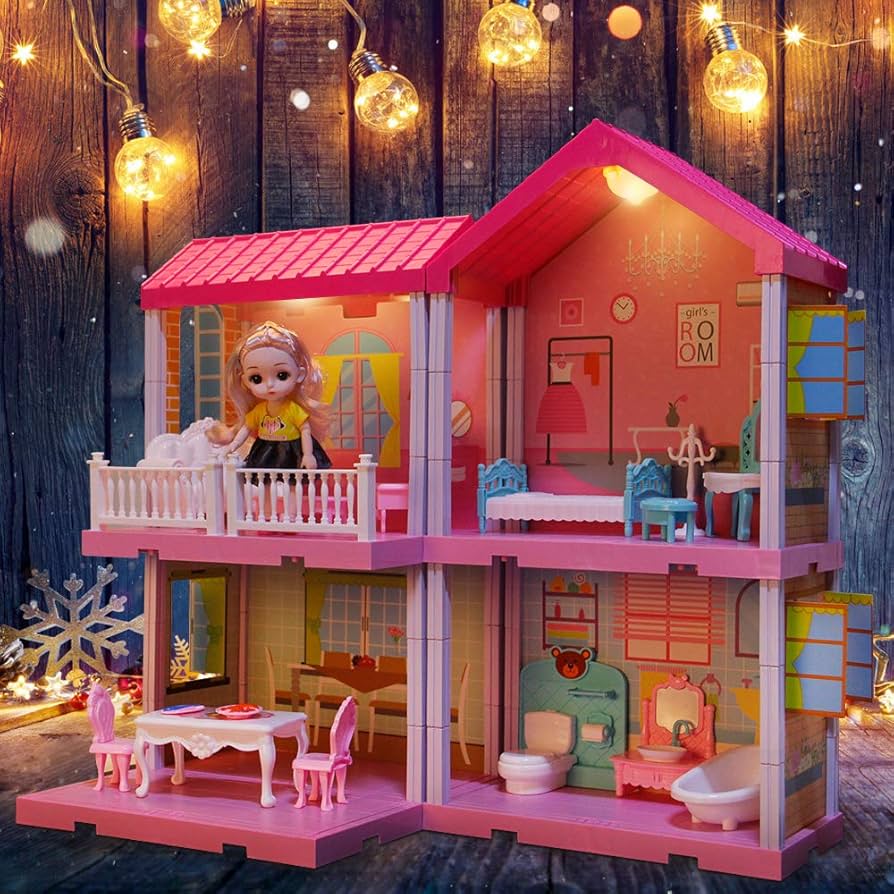 Elf Lab Dollhouse Building Toys, Princess Doll House, Playset with Lights, Furniture, Accessories and Dolls, Cottage Pretend Doll House Set, DIY Creative Gift for Girls Toddlers (4 Rooms)