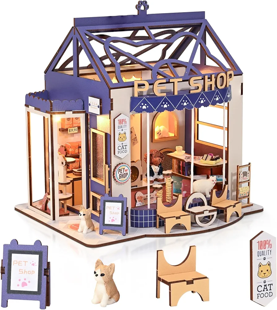 DIY Miniature House Kit, Dollhouse Kit with Furnitures, 1:24 Mini House Making Kit for for Adult to Building, Halloween/Home Decorations/Gifts for Family and Friends, Pet Shop