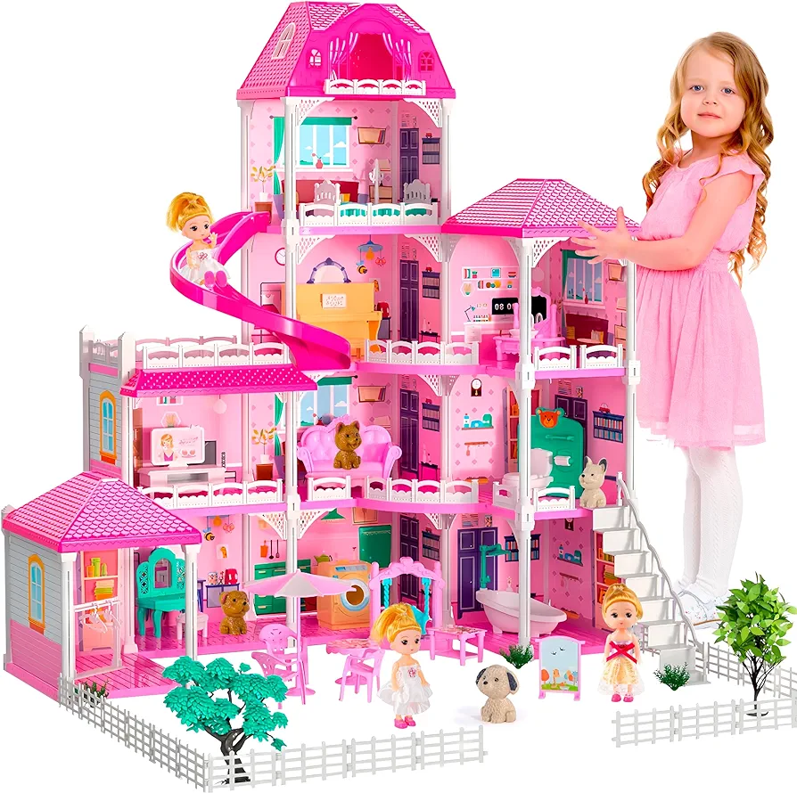 Doll House for Girls,10 Rooms Dollhouse with Dolls Figure, Puppies,Furnitures, Accessories, Kids Playhouse Gift for for 3 4 5 6 7 8 9 10 Year Old