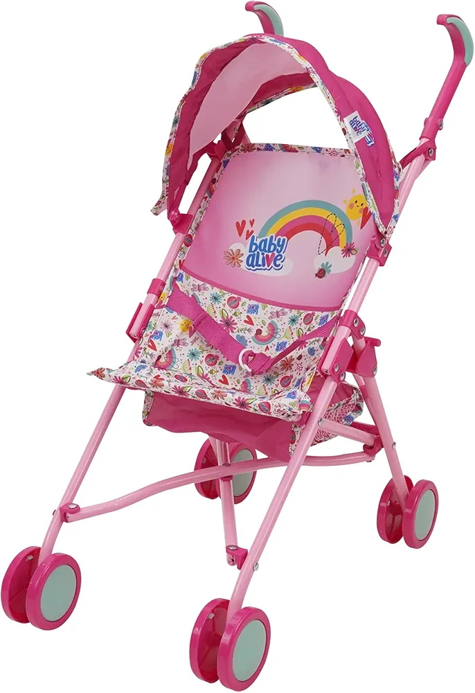 Baby Alive: Doll Stroller - Pink & Rainbow - Fits Dolls Up to 24", Retractable Canopy, Safety Harness for Baby Doll, Two-Toned Handle & Wheels, Storage Basket, for Kids Ages 3+