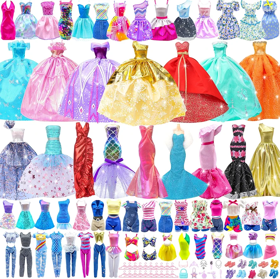 50 Pack Doll Clothes and Accessories, 4 Wedding Gowns 2 Evening Dresses 6 Fashion Dresses 6 Set Casual Outfits Top and Pant 2 Swimsuit Bikini, 20 Hanger 10 Shoe Toys for Girl Birthday Gift