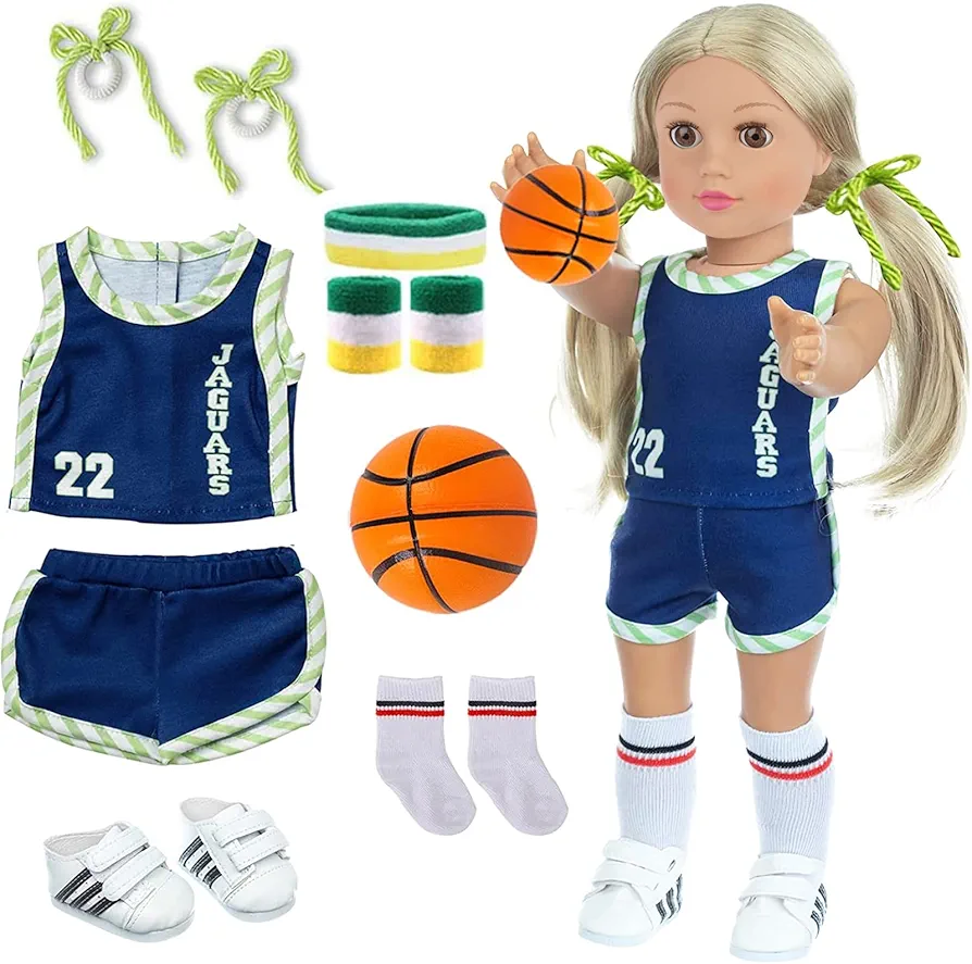 18 Inch Doll Clothes and Accessories - Basketball Clothes Sports Set Designed for 18 Inch Girl Doll Include Doll Clothes, Hair Bands, Bracers, Shoes, Socks and Basketball