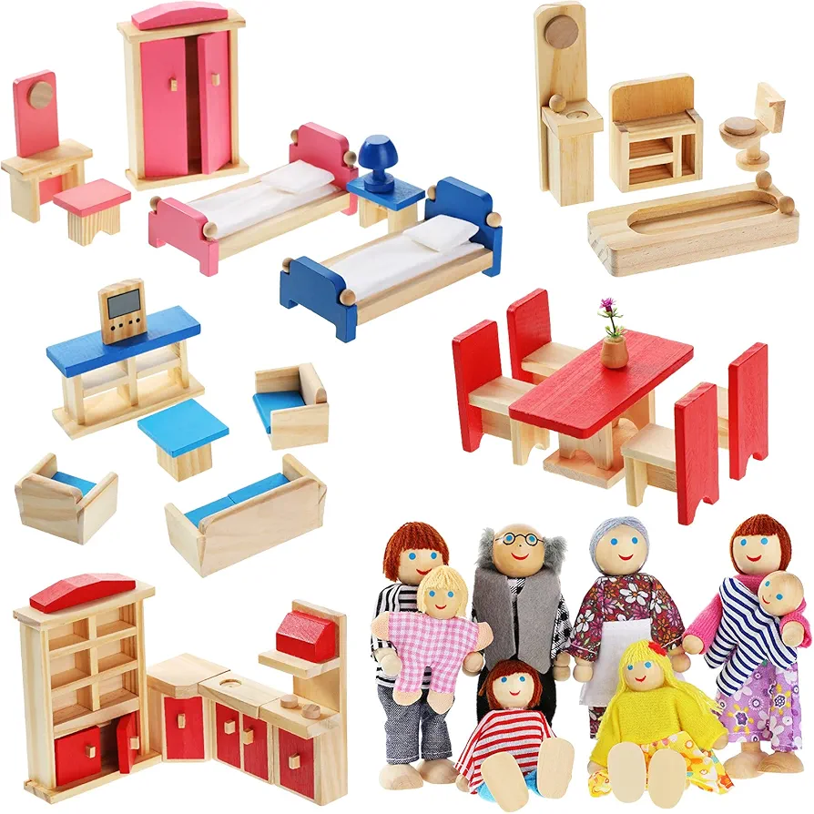 Sumind Wooden Dollhouse Furniture Set, 23 Pcs Doll House Furniture and Accessories Set with 8 Pcs Doll House People Figures, Doll House Furniture and Accessories Set Miniature Dollhouse Family Figures