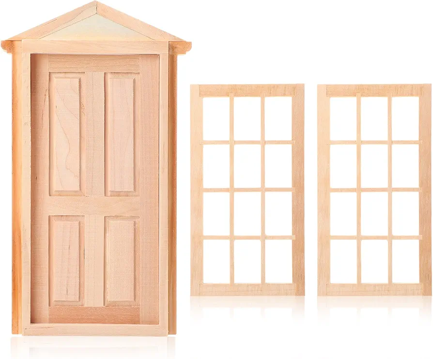 3 Pcs 1: 12 Scale Dollhouse Miniature Furniture Include 1 Wooden Dollhouse Door and 2 Mini Dollhouse Windows Unpainted for DIY Scene Dollhouse Decoration Accessory Supplies