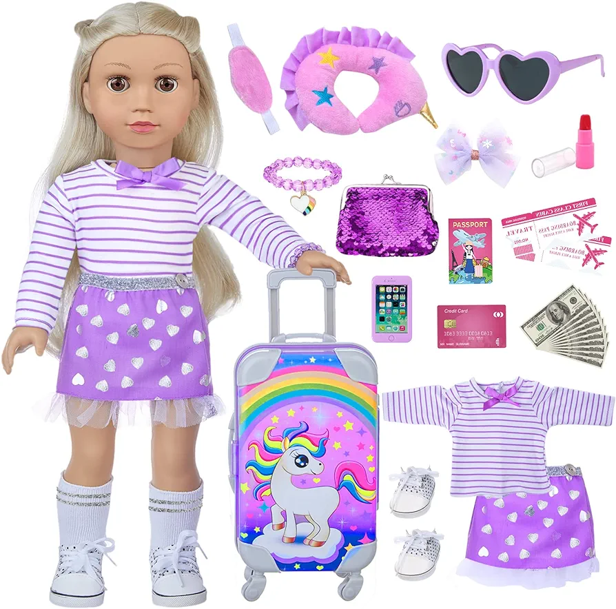 29 Pcs American Doll Clothes and Accessories, Cute Travel Play Set fit 18 Inch Doll with Purple Clothes Suit, Unicorn Suitcase, Handbag, Lipstick, Camera, Sunglasses for Kids