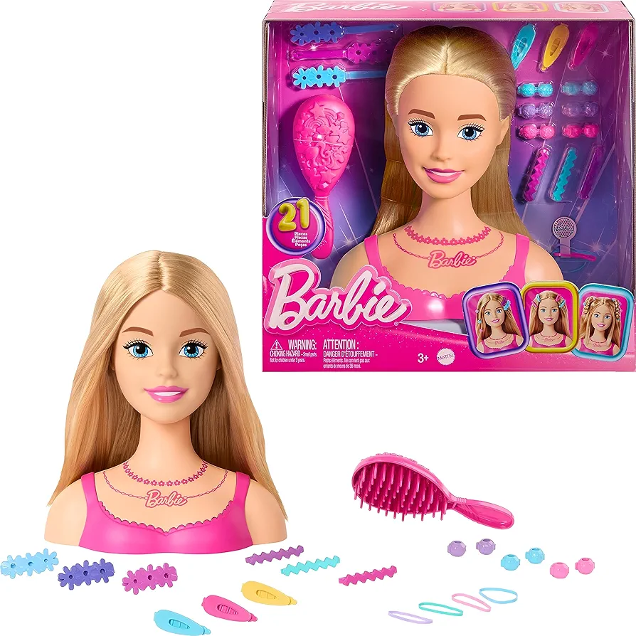 Barbie Doll Styling Head, Blond Hair with 20 Colorful Accessories, Doll Head for Hair Styling